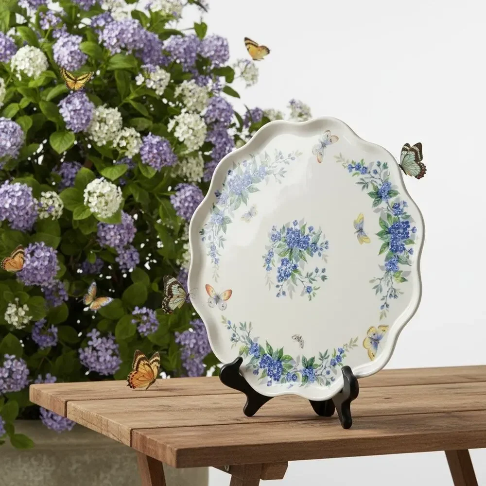 Limoges France Porcelain Scalloped Plate Blue Flowers Butterflies Floral Cabinet